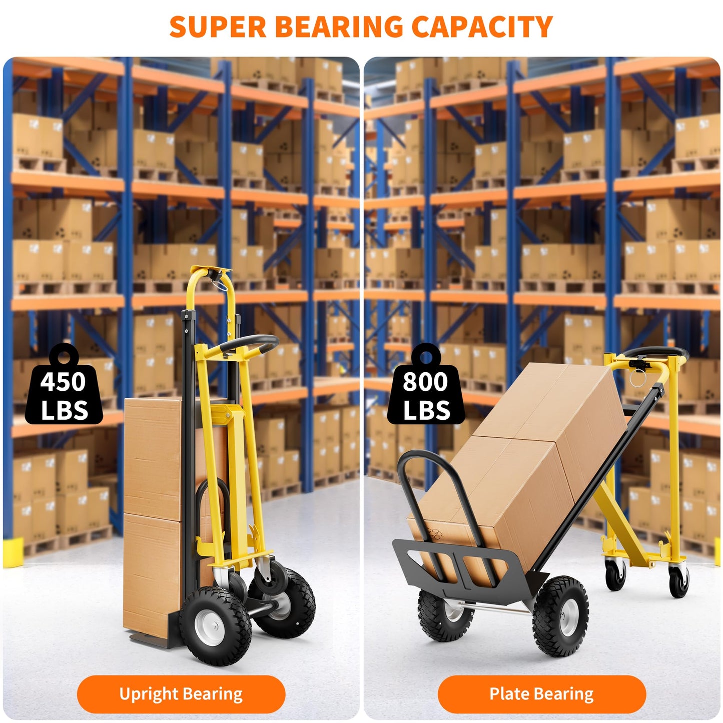 3-in-1 Heavy Duty Convertible Hand Truck, 800 lbs Capacity Dolly Cart with Wheels, Foldable Dolly Cart Converts from Hand Truck Dollys to Platform Carts, for Moving, Shopping, Travel(Yellow+Black)