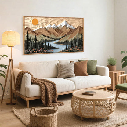 CHDITB Mountain Framed Wall Art, Long Horizontal Mountains Wall Decor, Sun Lake Pine Trees Nature Wall Painting, Modern Rustic Farmhouse Landscape Art Prints for Bedroom Office Decoration 20"x40"