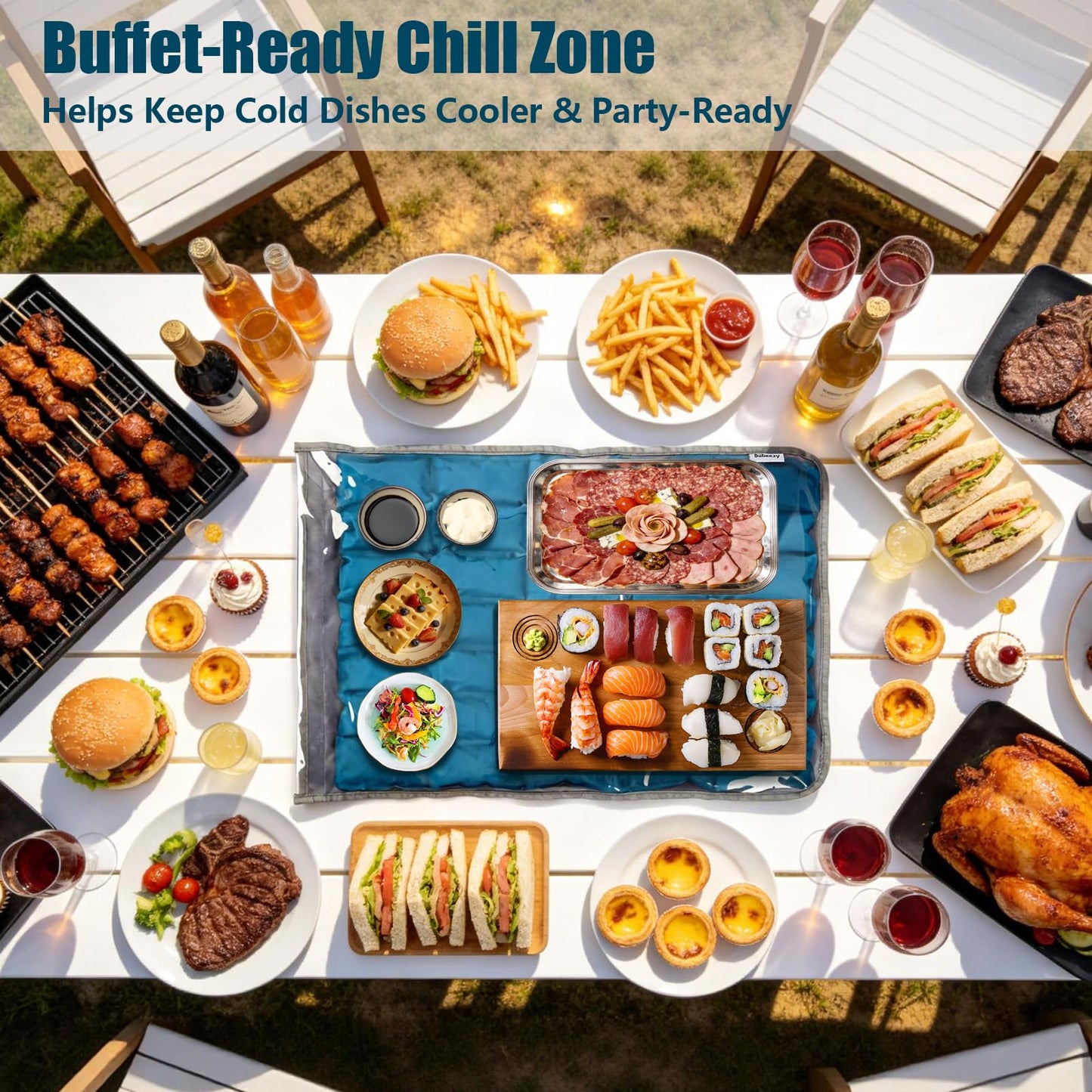 Babeezy Party Mat Chiller Foldable Reusable Cooling Mat with Sleeve, Extra-Large 45×35 cm(Soak-to-Activate) 35 Large Cells Tray Chiller for Charcuterie, Cheese, Shrimp, Sushi, Salads & Dips