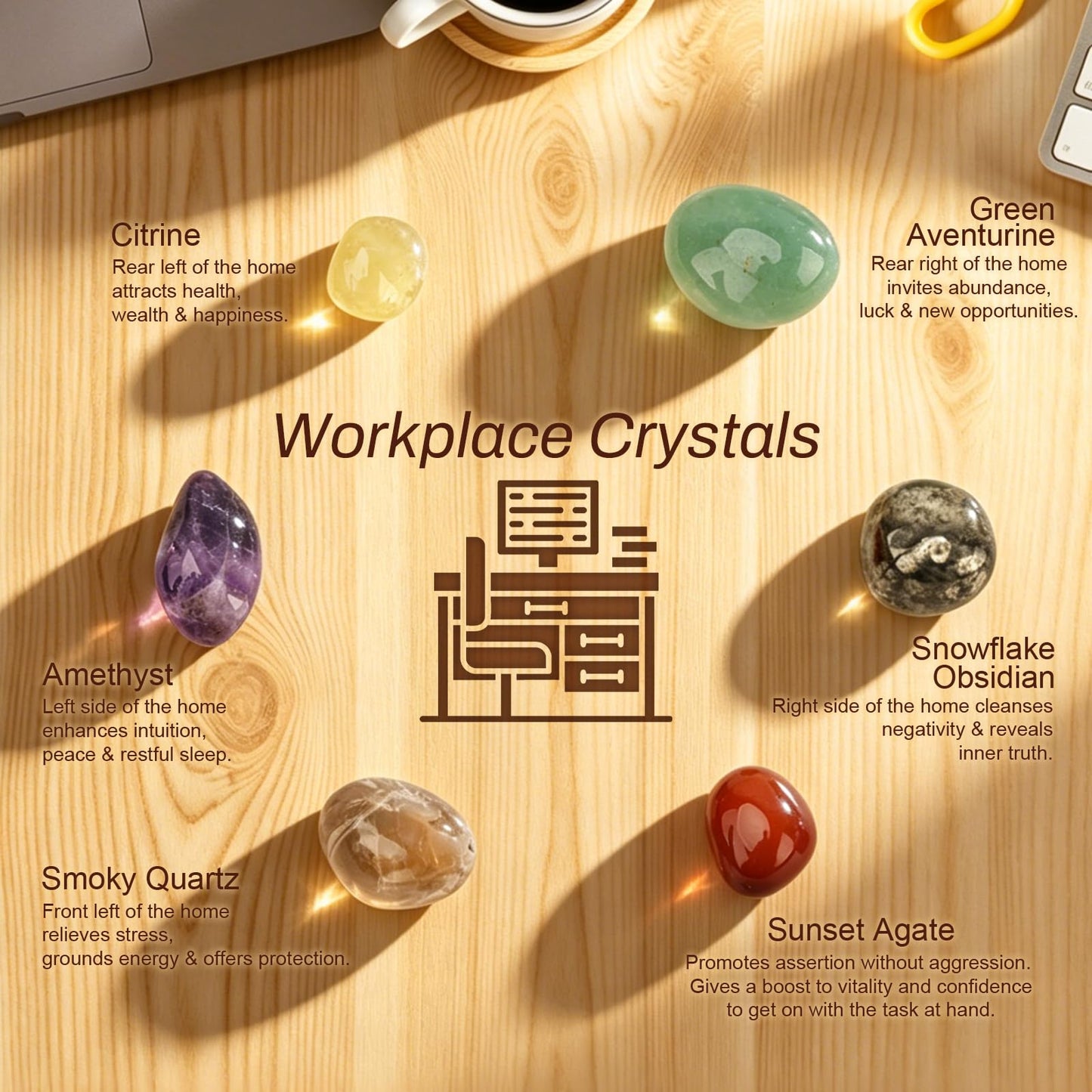 Workplace Crystals Set - 6PC Healing Stones with Gift Box, Blessing Card & Bag for Office Desk, Stress Relief, Focus, Spiritual Gift for Coworker