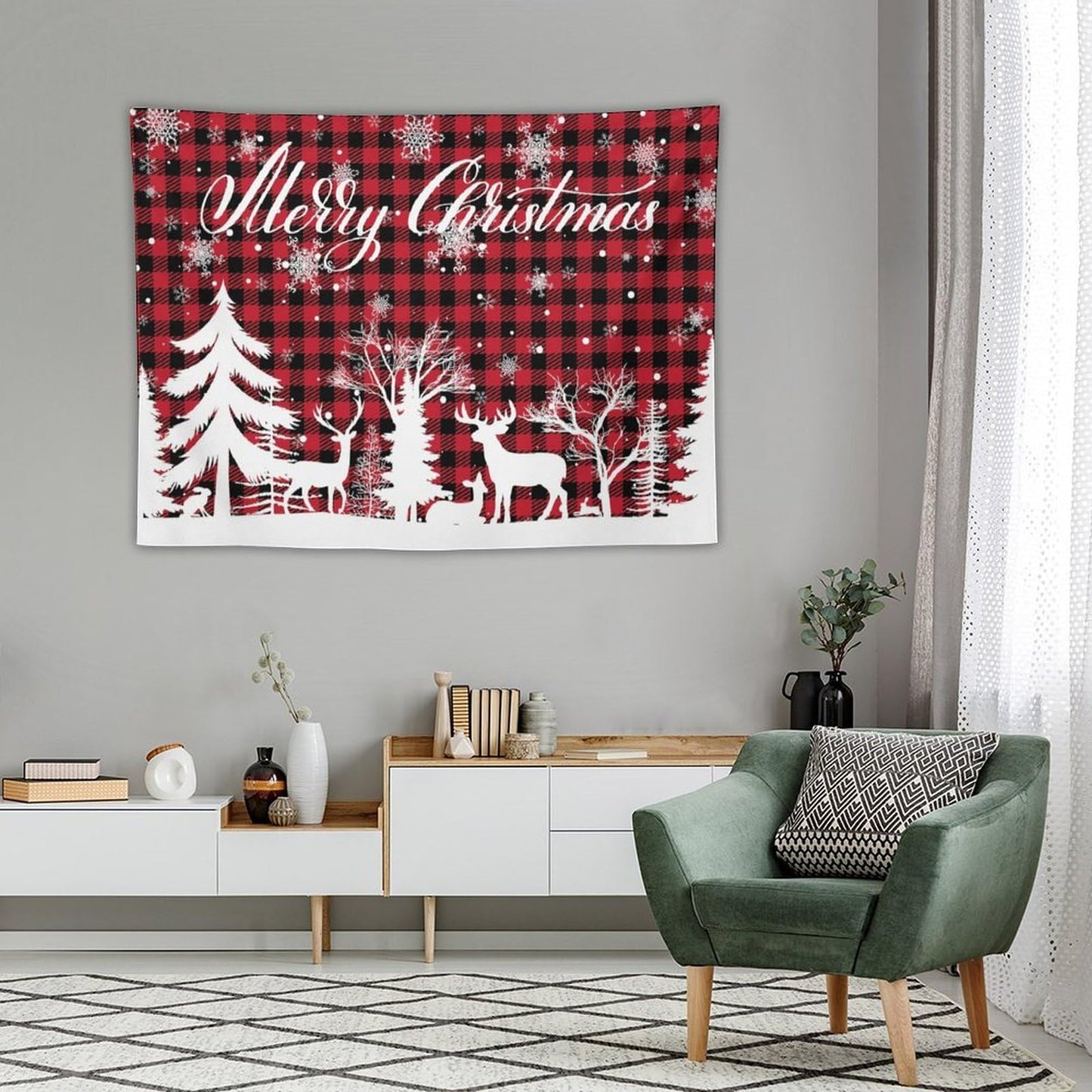 DDCBNS Christmas Reindeer Buffalo Plaid Hanging, Soft Xmas Tree Wall Art Home Decor for Bedroom, Living Room or Dorm 40" x 30"