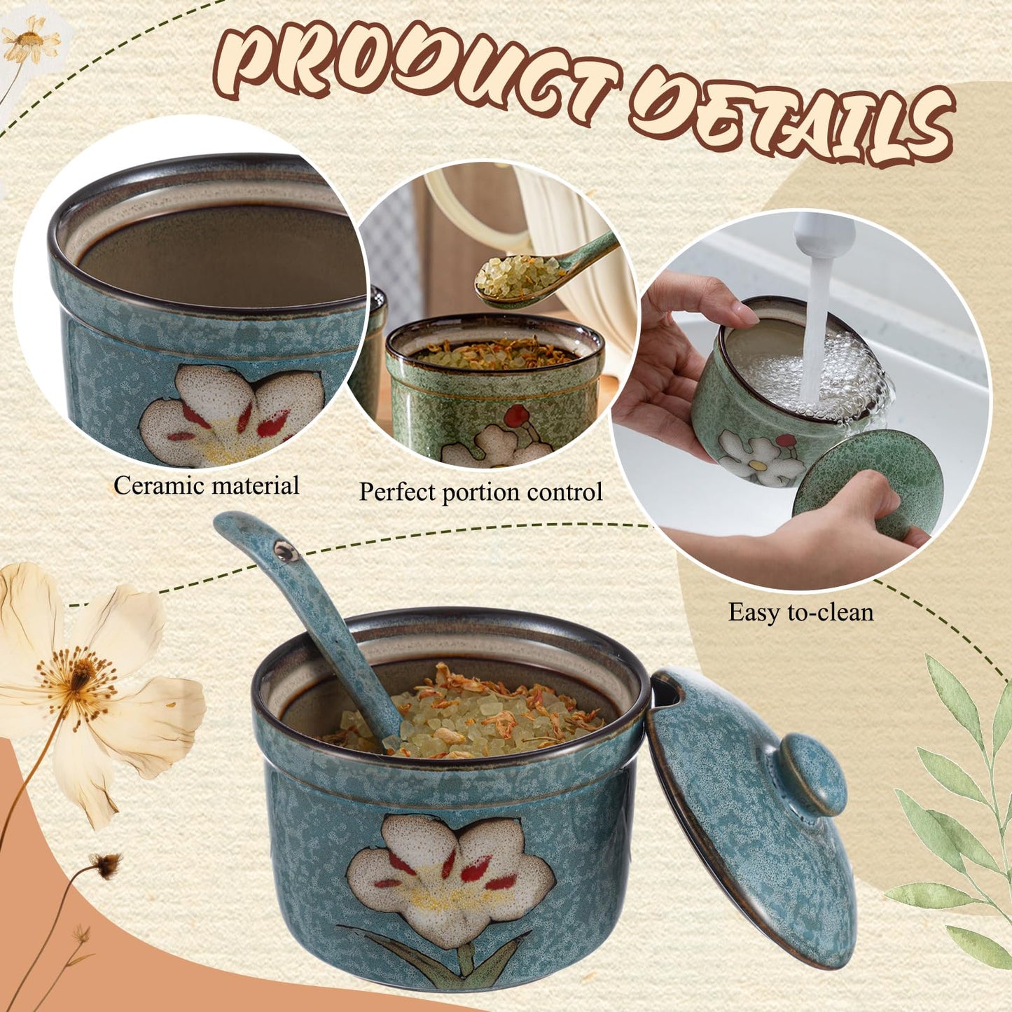 Acellegic 2 Pack Retro Hand Painted Flower Ceramic Salt Pepper Cellar with Lid and Spoon, Heavyweight Round Sugar Spice Containers Porcelain Jar for Housewarming Gift, Artisan Kitchen Decoration