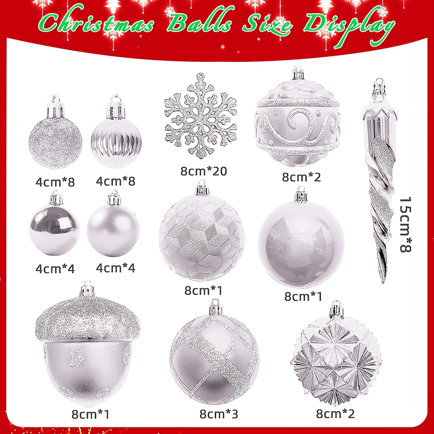 Napzy 62 Count Shatterproof Christmas Ball Ornaments Set, Silver Christmas Tree Decorations for Xmas Holiday Party Decor, Wreath and Garland Hanging Balls