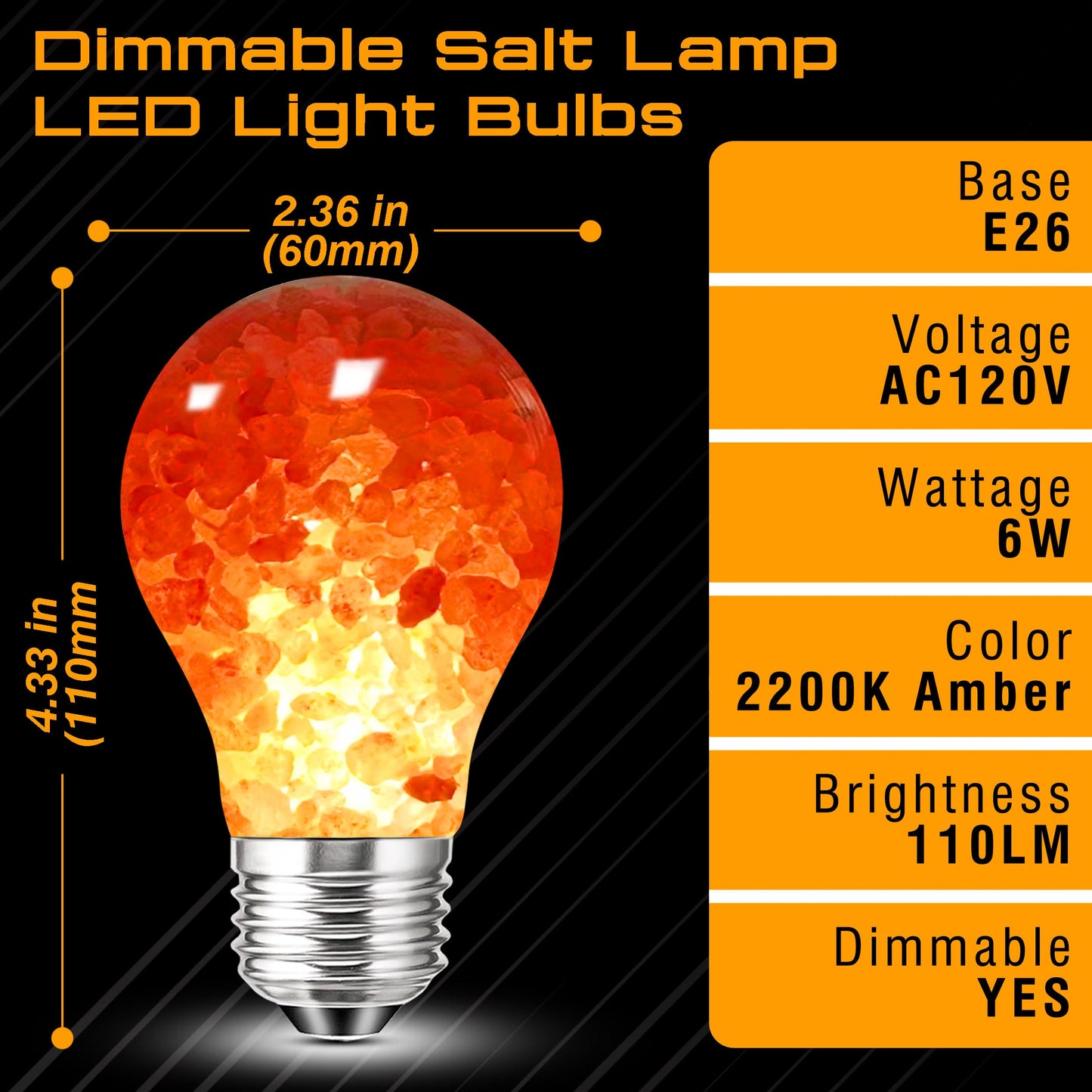 Elmoyle Dimmable Himalayan Salt Lamp LED Light Bulbs, E26 2200K Warm Amber Pink Night Light, 6W Mood Lighting, E26 A60 Salt Rock Stress Relief Bulbs for Bedroom, Decor, Sleep Light, 2pack