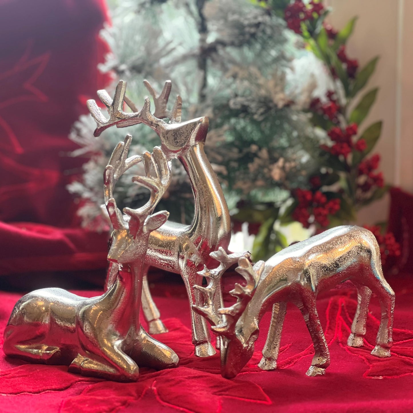WHW Whole House Worlds Rustic Reindeer Figurines, Set of 3, Handmade, Cast Silver Aluminum, 8.75 Inches