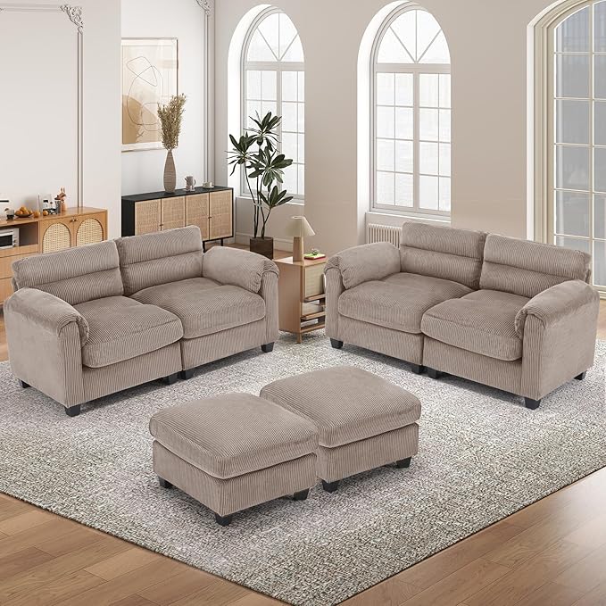 HAOMARKETS Corduroy 4-Piece Sofa Set, Upholstered Ottoman Set of 2 and 2