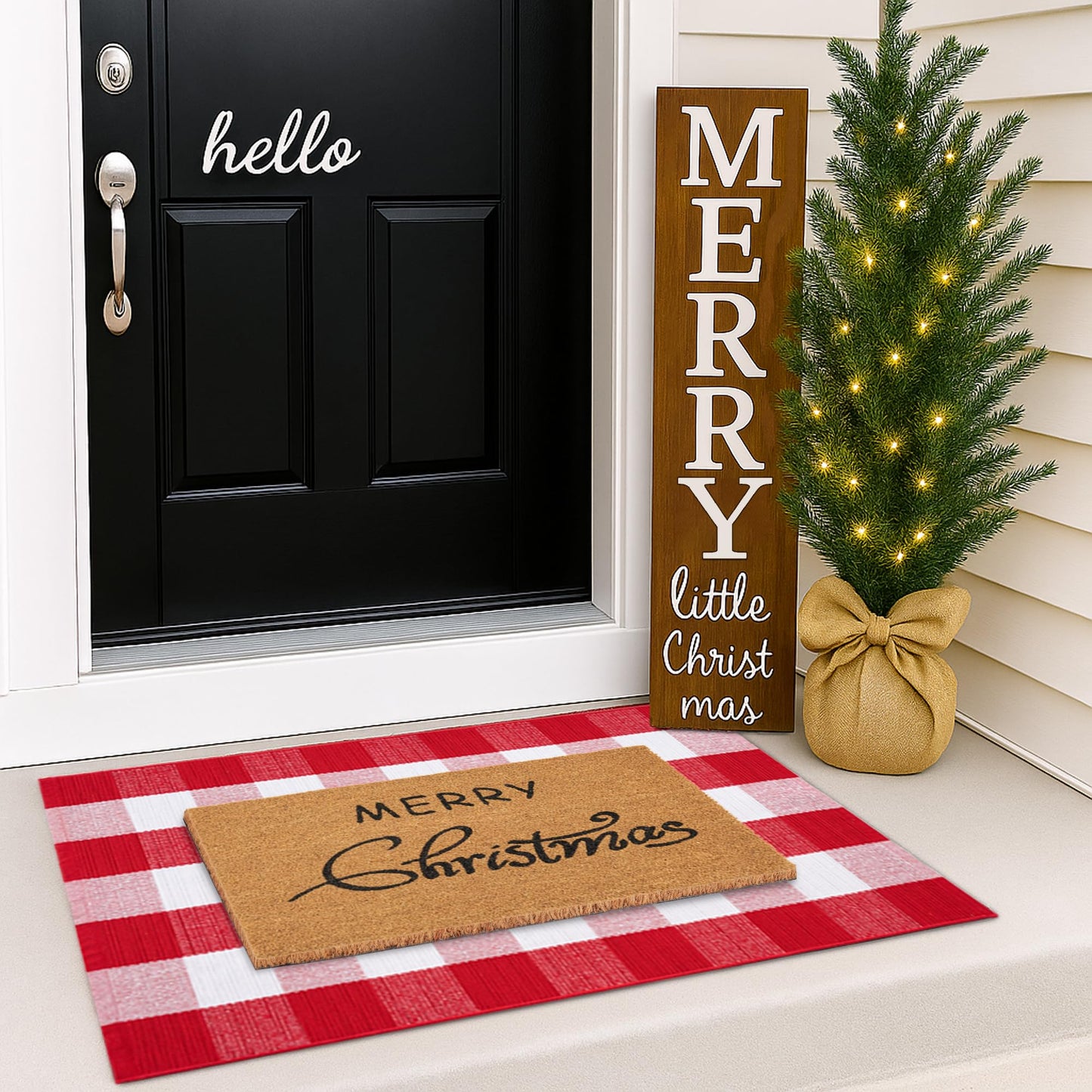 Christmas Door Mat Combo Set - 100% Coco Coir Welcome Mat + 3' x 5' Red and White Plaid Rug, Christmas New Year Holiday Collection Doormat for Front Porch Entryway Decorative