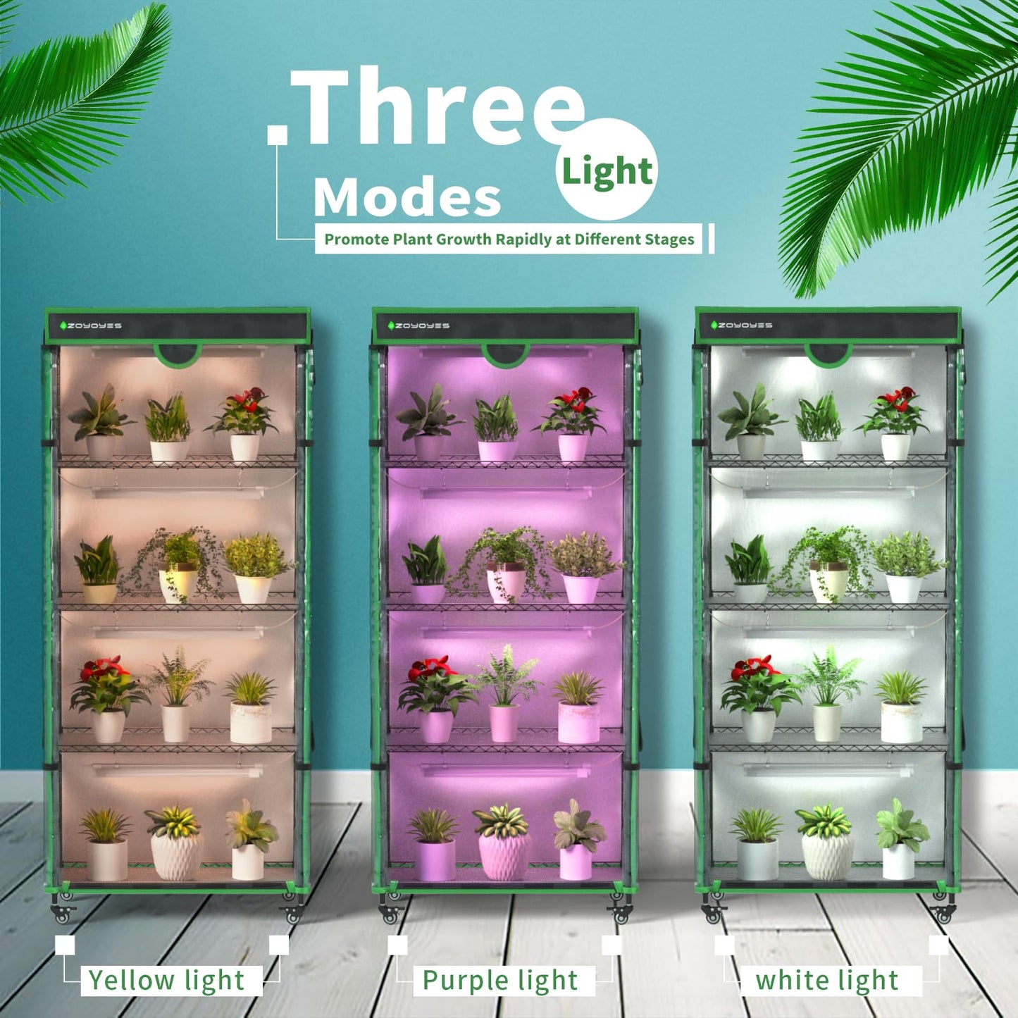 ZOYOYES Indoor Greenhouse with Grow Light, 35.8" W x 17.8" D x 71.8" H, 5-Tier Plant Shelf with 3-Color T8 Growth Lights, Plant Stand with Smart Timing Plug and thermohygrometer