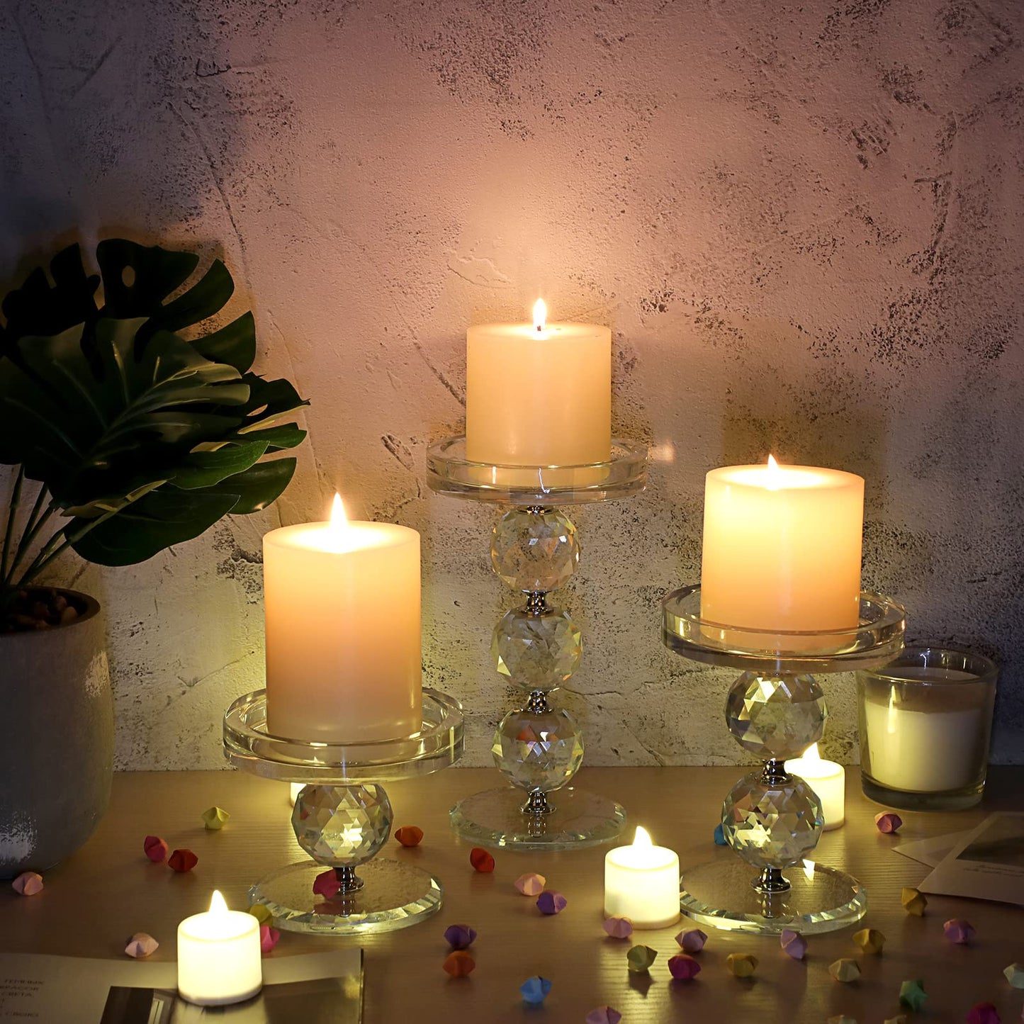 OwnMy Set of 3 Crystal Glass Pillar Candlestick Holders Clear Pillar Candle Holders Sets, Tealight Votive Candle Stands Modern Candle Centerpiece for Living Room Wedding Decor