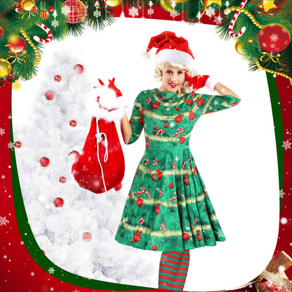 Hillban 3 Pcs Christmas Elf Costume Set Women Short Sleeve Christmas Dress Thigh High Socks Santa Hat (Candy Tree,Medium)