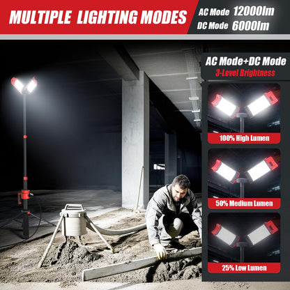 SYLSTAR Hybrid Powered LED Work Light with Tripod, 12000 Lumens Corded & Rechargeable Battery Work Light, 7.4ft Aluminum Telescopic Stand, 3 Brightness Levels, IP65, Dual Head, Portable Job Site Light