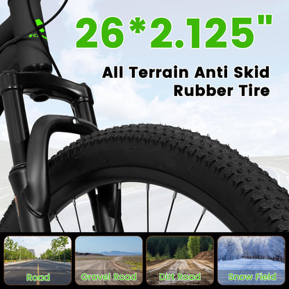 26 Inch Mountain Bike, 21-Speed Mountain Bicycle with Full Suspension and Dual Disc Brakes Thumb Shifter, High Carbon Steel Frame MTB Bike for Teenagers Adult Men Women Trail Commuter, Black-Green