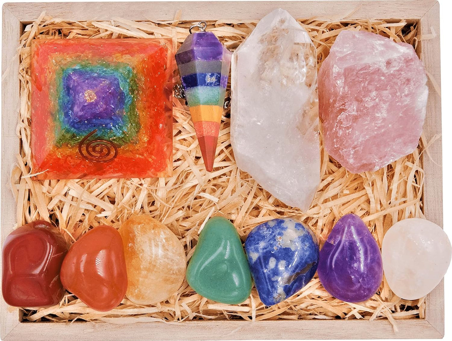 Crystals and Healing Stones Premium Kit Wooden Box - Chakra Stones Healing Crystals Set, Rose Quartz, Amethyst Cluster, Quartz Points, Chakra Pendulum (Aa Essential Chakra Pyramid Collection)