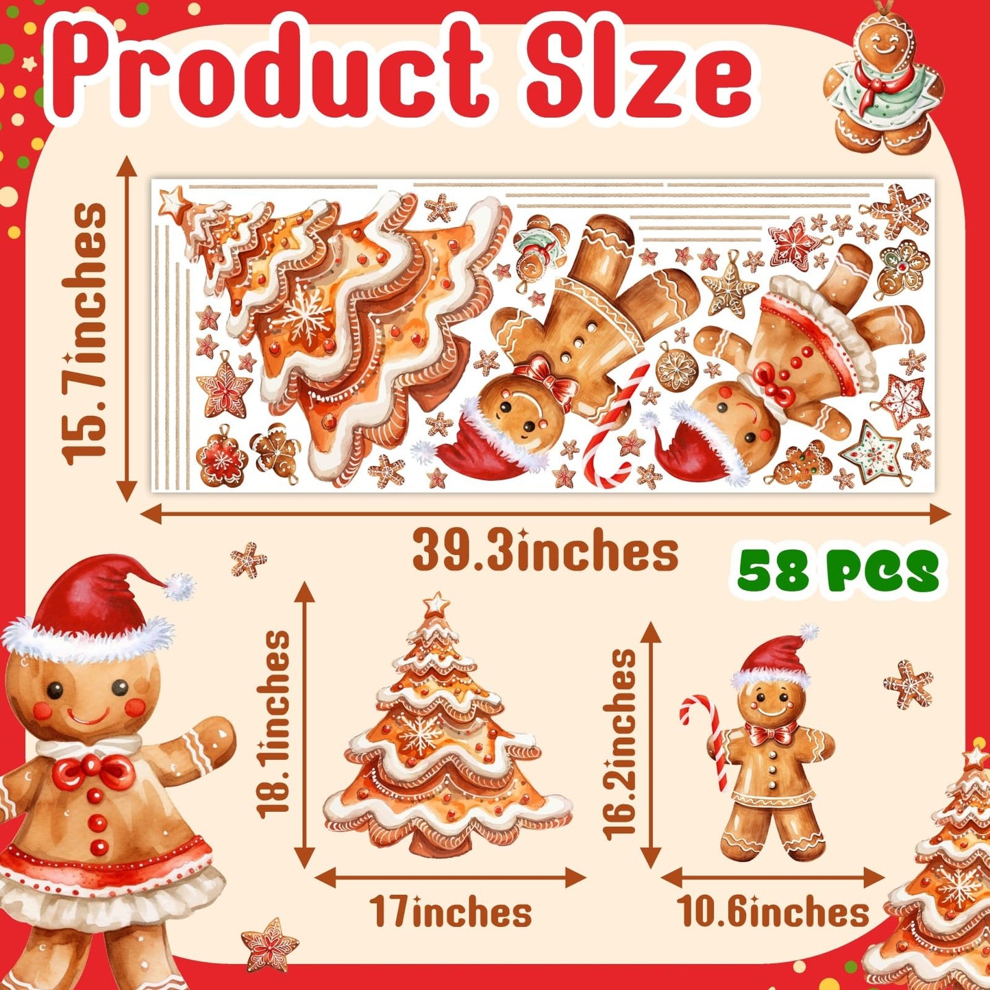 Christmas Window Decoration Clings Gingerbread Decals for Glass Double-Side Xmas Tree Holiday Window Decal Reusable Removable Snowflake Static Cling for Indoor Home Office Display Winter Decoration