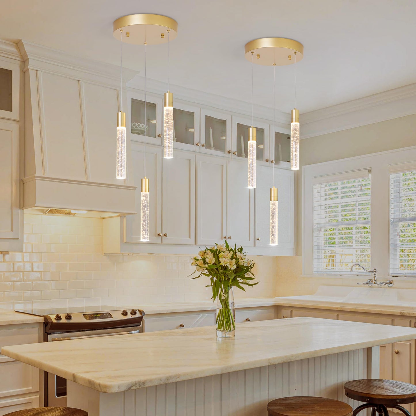 votag 3 Light Pendant Lights Kitchen Island,Modern LED Bubble Crystal Pendants with Dimmable 3000K-6000K Ceiling Hanging Light Fixture for Dining Room Bedroom,Gold Finish,Adjustable Height 59"