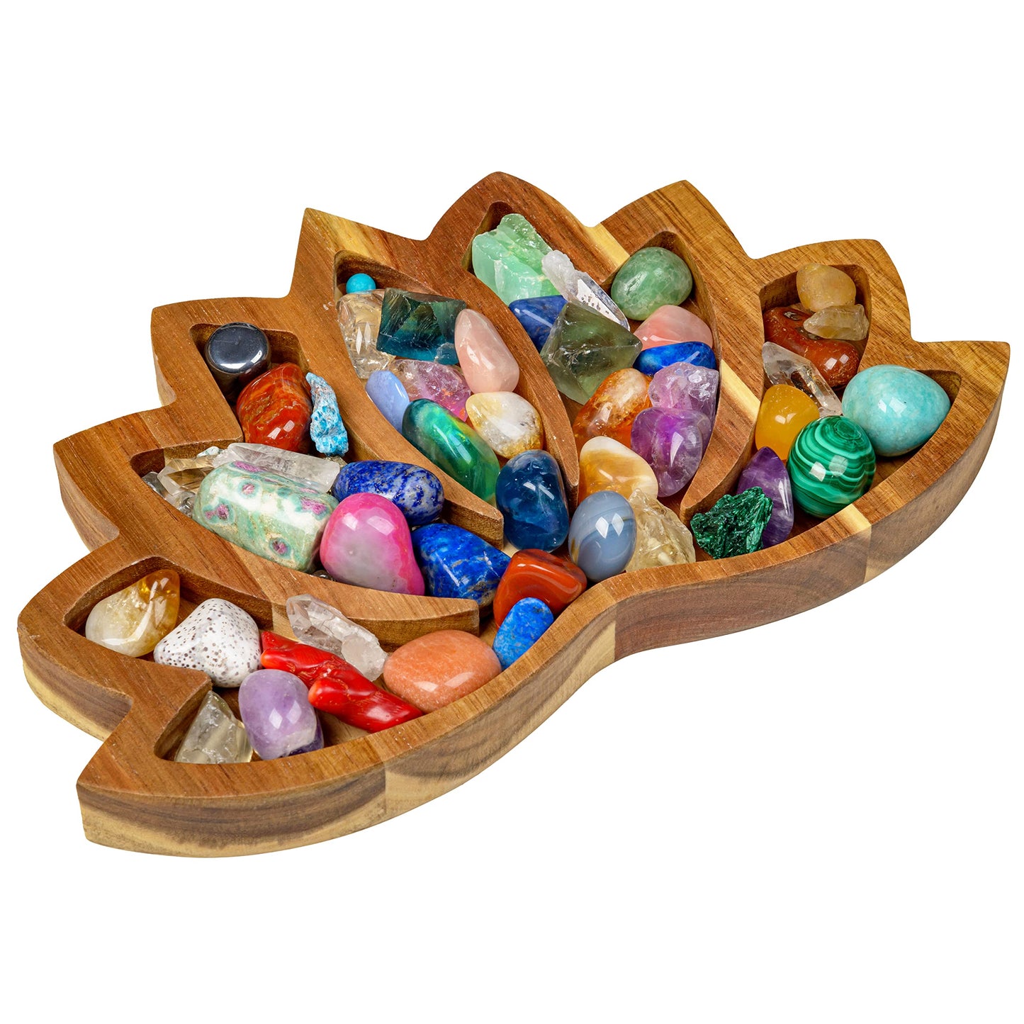 Curawood Lotus Crystal Display Tray - Showcase Your Gems, Healing Stones & Treasures - 11"x7" Wooden Rock Bowl, Crystal Holder for Stones Display Shelf, Gemstone Rock Holder Charging Bowl (Horizon)