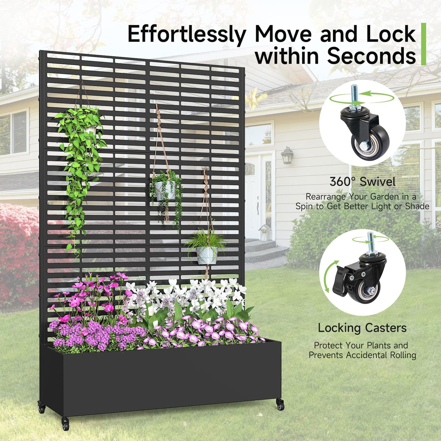 Metal Raised Garden Bed with Trellis and Wheels, 73" x 47" x 16" Planter Box with Trellis with Drainage Holes, Privacy Planters for Patio with Privacy Screen for Climbing Plants Flower Vegetables