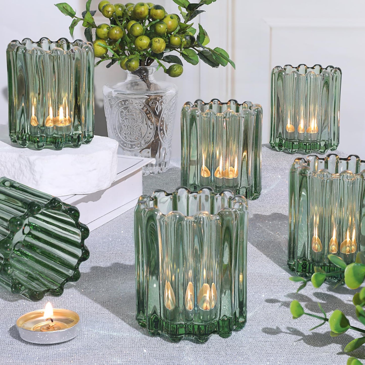 HAVITI 6 Pcs Votive Candle Holder, Green Glass Candle Holders, Tealight Candle Holder for Wedding Centerpieces Dinner Party Table Decor