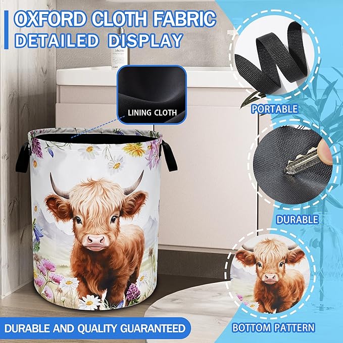 Highland Cow Laundry Basket Oxford Cloth Animal Flowers Laundry Hamper