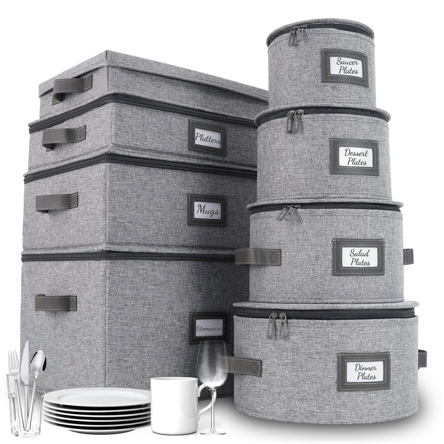 HOMELUX THEORY Hard Shell China Storage Containers, 8pc Light Gray Mug & Plate Storage Box, Kitchen Storage Bins With Lids, Heavy Duty Moving Box with Handles for Dishes, Silverware, Cup & Mug