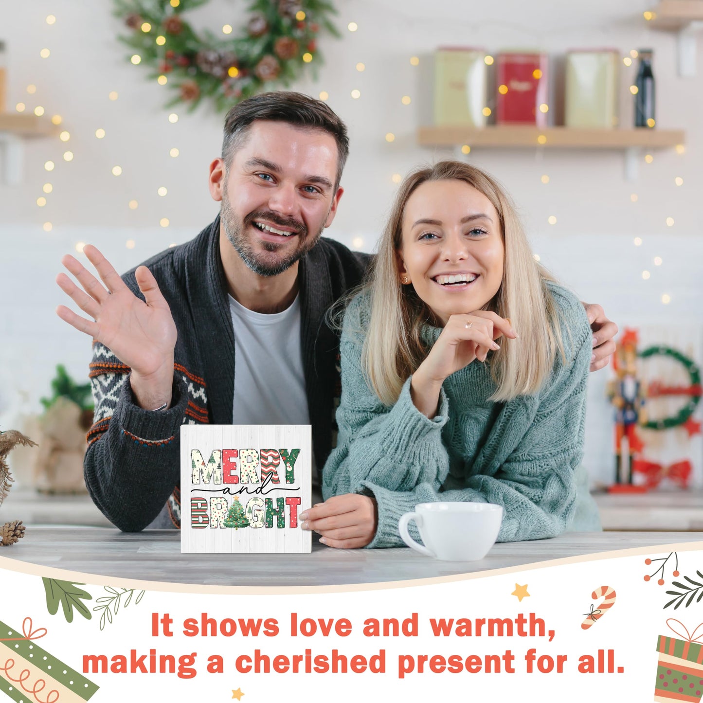 OXRUN Christmas Table Decorations, Merry and Bright Wooden Box Sign Decorative, Xmas Holiday Gifts for Women Men Home Office Shelf Decor 6 x 6 Inches - F07