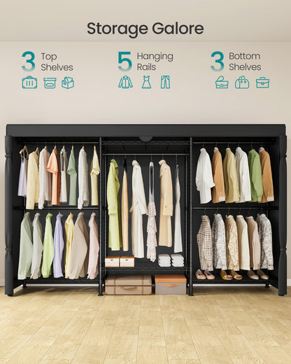 SONGMICS Heavy-Duty Rolling Clothes Rack, Garment Rack, Portable Closet, with Adjustable Mesh Shelves and Hanging Rails, Fabric Cover, 15.8 x 86.4 x 76 Inches, Ink Black ULGR437BH01