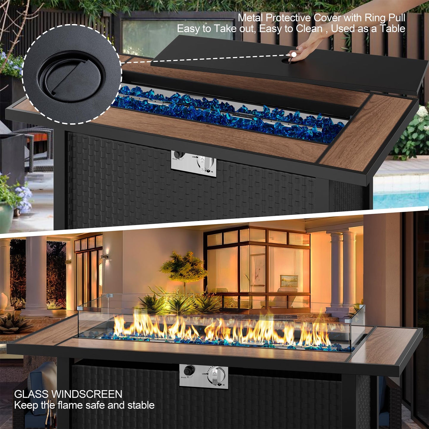 45 inch Propane Fire Pit Table, 50,000 BTU Outdoor Gas Fire Pit Table with Lid, Glass Wind Guard, Waterproof Cover, Rectangle Gas Firepit Table for Garden/Patio(Walunt)