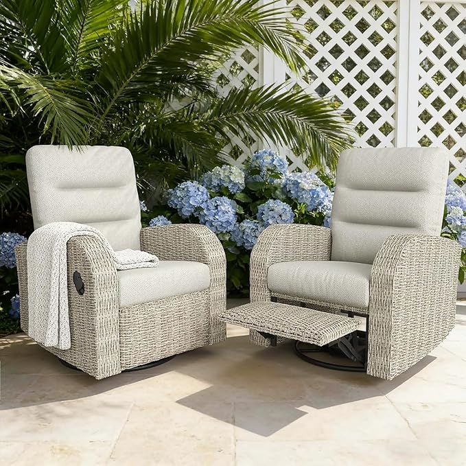 Outdoor Swivel Recliner Chair Set of 2, All-Weather Wicker Reclining Patio Chair with Adjustable Backrest and Footrest