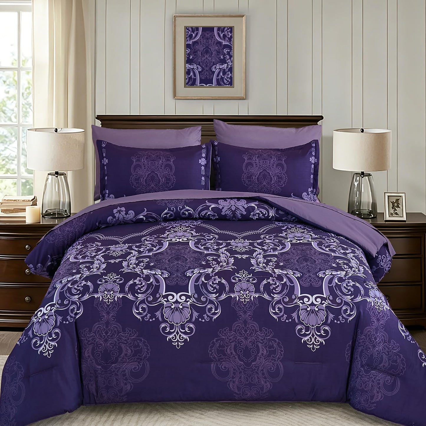 Mybedsoul Dark Purple Queen Comforter Set, 7 Pieces Boho Bed in a Bag for Queen Bed, Damask Comforter with Sheets Pillowcases, Soft Microfiber Lightweight Bedding Sets for All Season(90"x90")