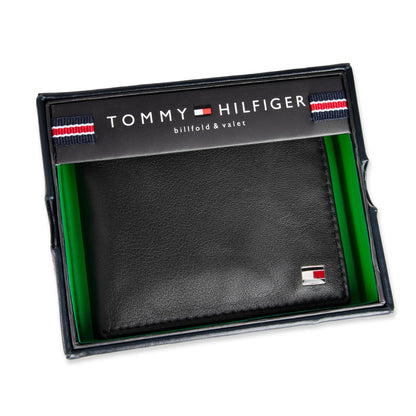 Tommy Hilfiger Men's Leather Wallet – Slim Bifold with 6 Credit Card Pockets and Removable ID Window, Dark Black, One Size