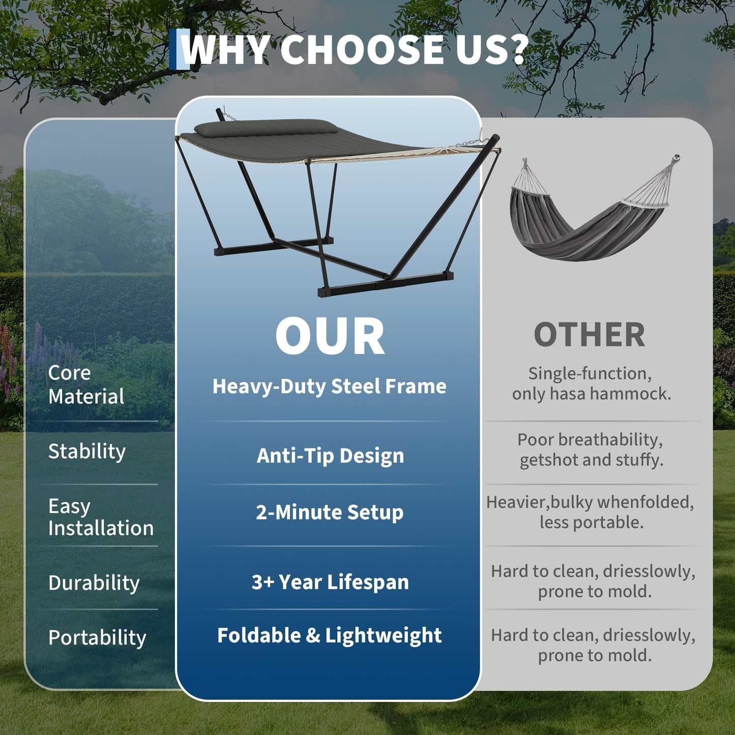 Heavy Duty 2 Person Double Hammock with Portable Adjustable Steel Stand, Outdoor Hammock with Pillow for Patio, Garden, Beach, Backyard Camping