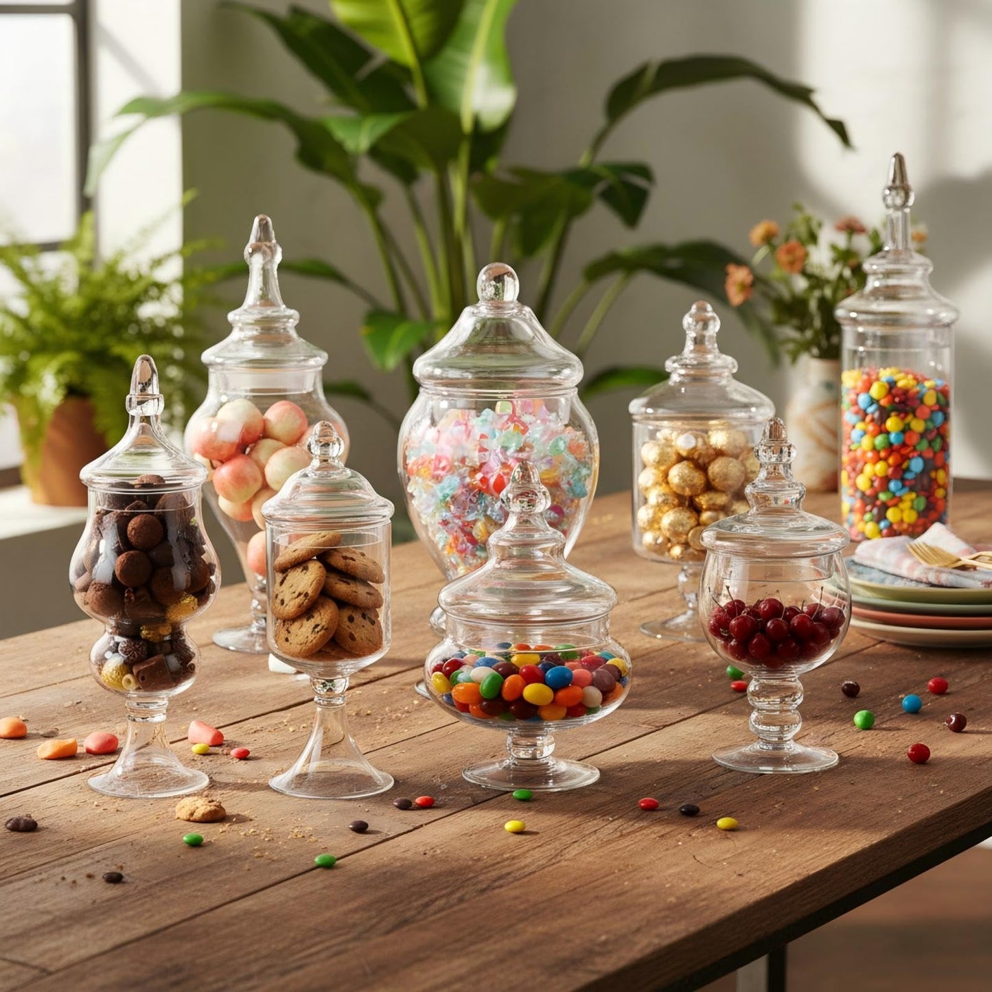 Mimorou 8 Set Glass Apothecary Jars with Lids and Plastic Scoops, Large Clear Candy Buffet Jars Decorative Storage Canisters Set Table Containers for Candy Bar Wedding Kitchen Bathroom(Various Glass)