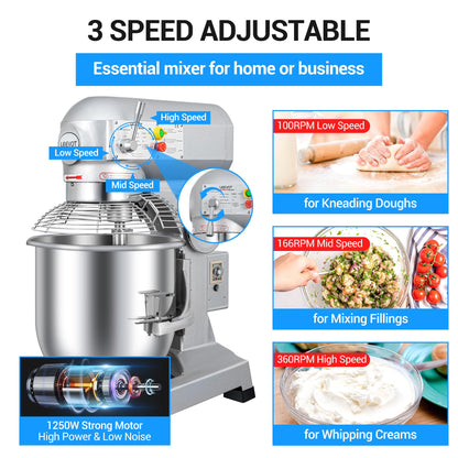LEEVOT 30 Qt 1250W Commercial Food Mixer, Commercial mixer 3 Speeds Adjustable Heavy Duty Stand Mixer with Stainless Steel Bowl for Bakery Pizzeria.