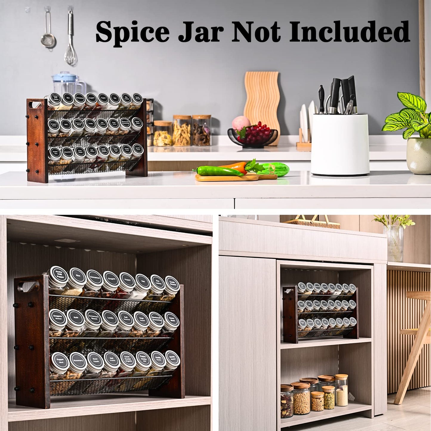 Roykoota Spice Rack, Spice Rack Organizer without Seasoning Jars, Wooden Rustic 3 Tier Kitchen Spice Organizer Shelf for Cabinet, Countertop or Wall Mount