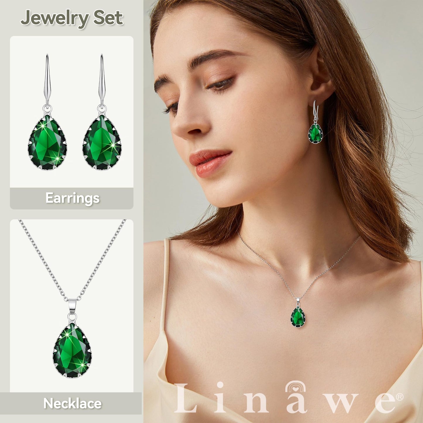 Linawe Emerald Crystal Imitation Diamond Jewelry Sets for Women, Silver Pendant Matching Necklace Set, Green Drop Dangle Earrings Set, Boho Rhinestone Teardrop Jewelry Wedding Bridal Bridesmaid