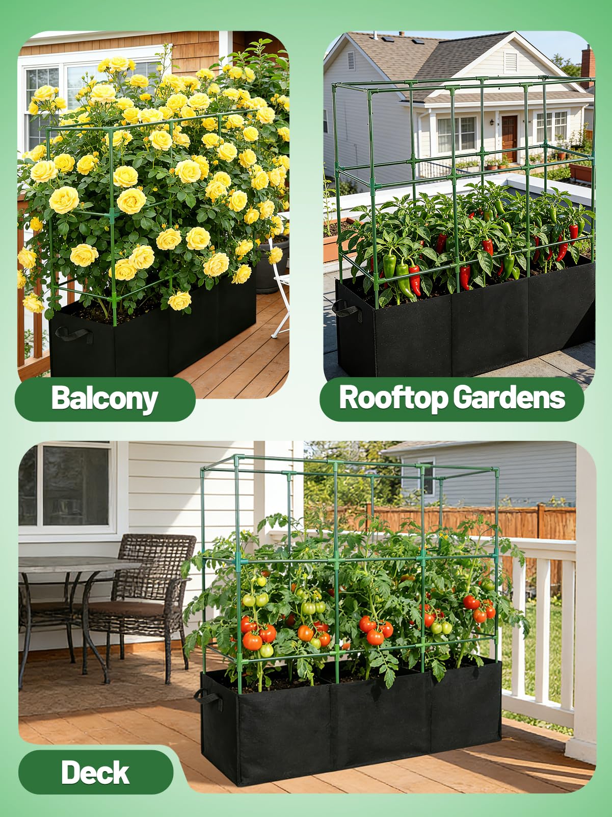 Tomato Cage with 3 Compartment 51 Gallon Grow Bag - 47" L × 15.7" W × 45" H Heavy Duty Square Tomato Planter Trellis, Easy to Assemble, for Garden Patio Balcony Climbing Vegetables Flowers Fruits