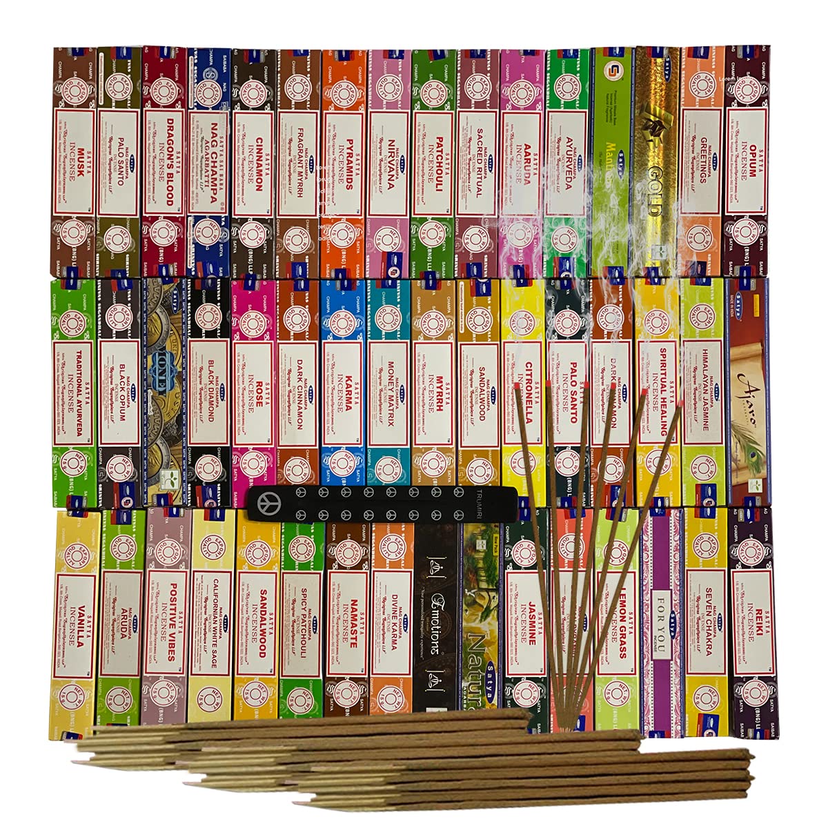 Satya Incense Sticks Variety Pack of 12 Randomly Selected Fragrances and Incense Stick Holder Bundle Total 180 Sticks