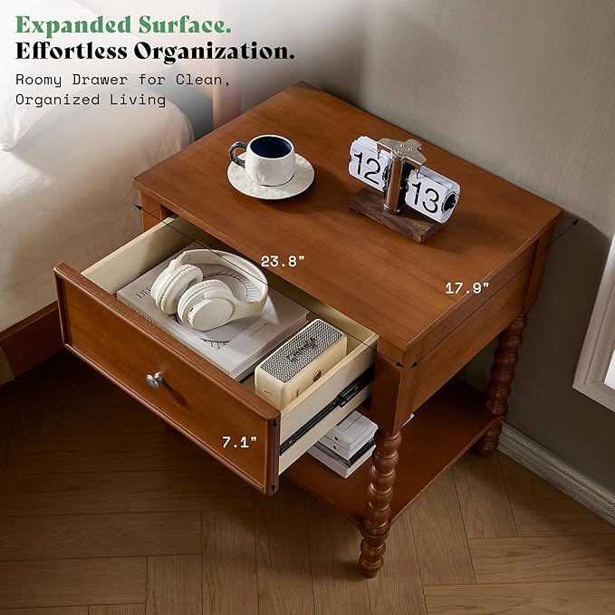 AMERLIFE 24" Wooden Nightstand Set of 2, Vintage Bedside Table
