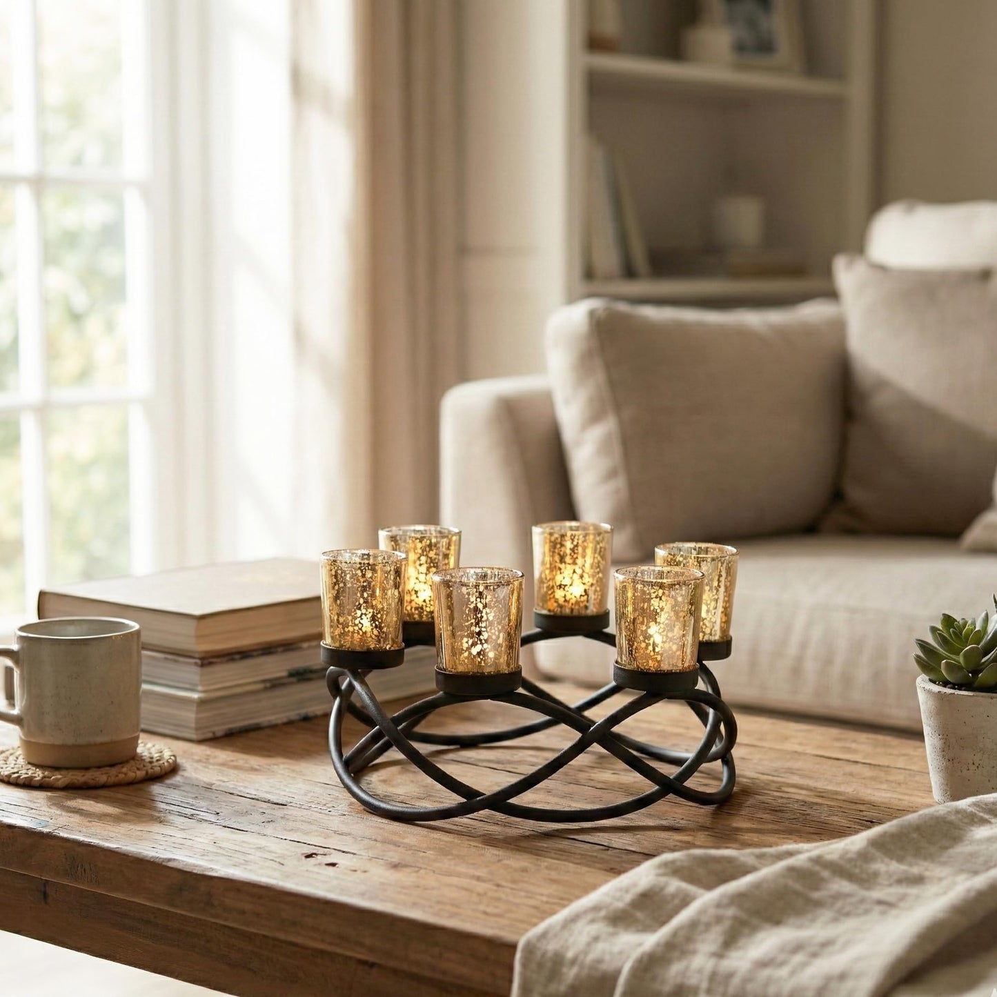 Seraphic Centerpieces for Kitchen Table Decor, Tealight Candle Holder, Gold