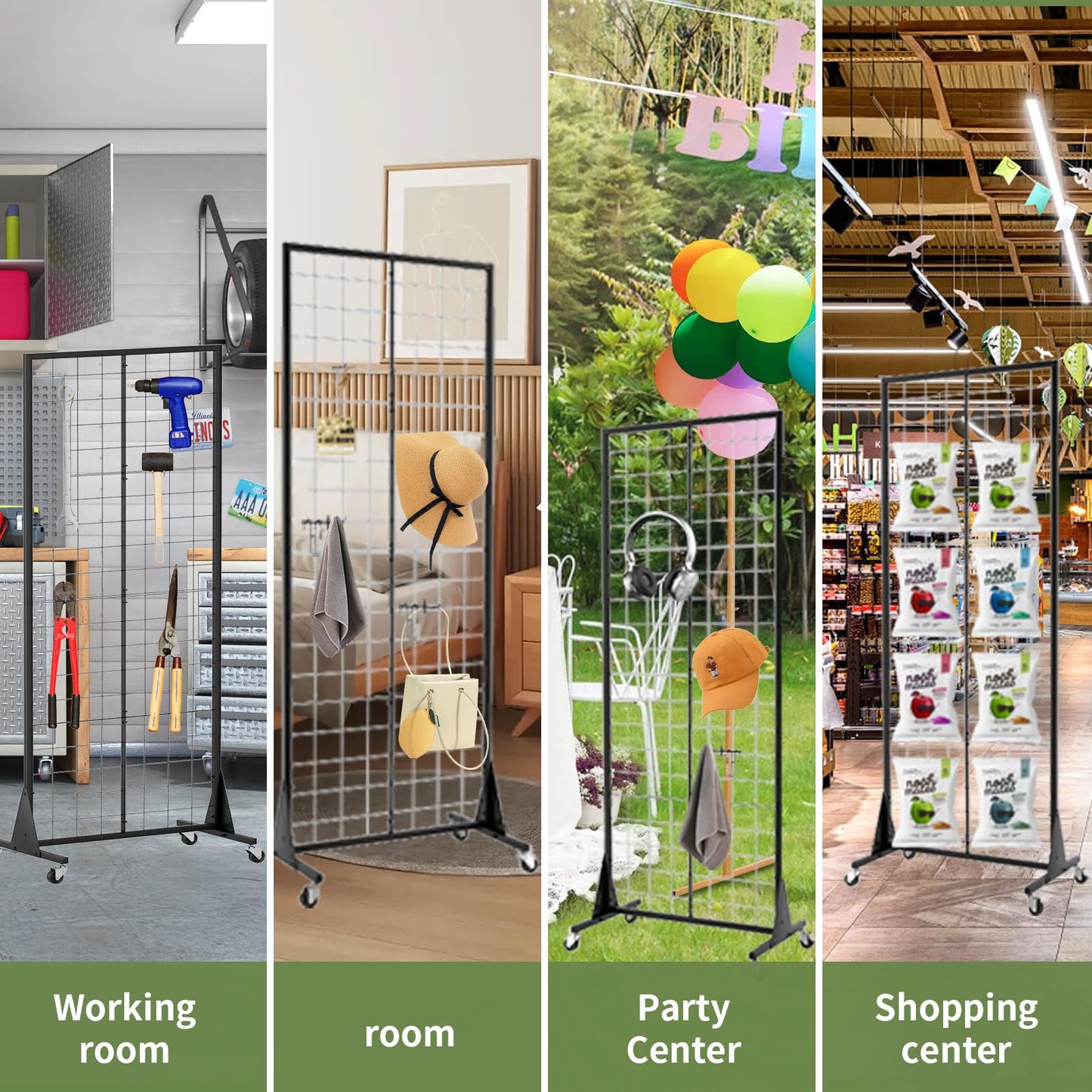 RCZSCBK 2' x 5.5' Grid Wall Panels Standing Wire Grid, Study Display Rack with T-Base Wheels Freestanding Gridwall Panel Tower for Shows, Black (4) (4)