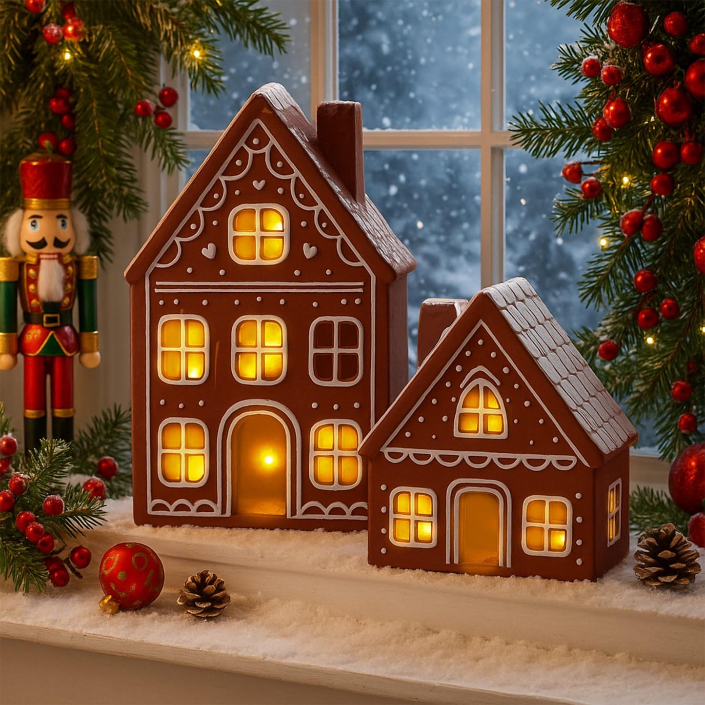 Funnymoom 2 Sets Lighted Ceramic Iced Gingerbread Houses Christmas Decorations Indoor Pre Lit LED Gingerbread Houses Christmas Kitchen Tabletop Decor for Table Centerpiece Xmas Holiday Party Gifts