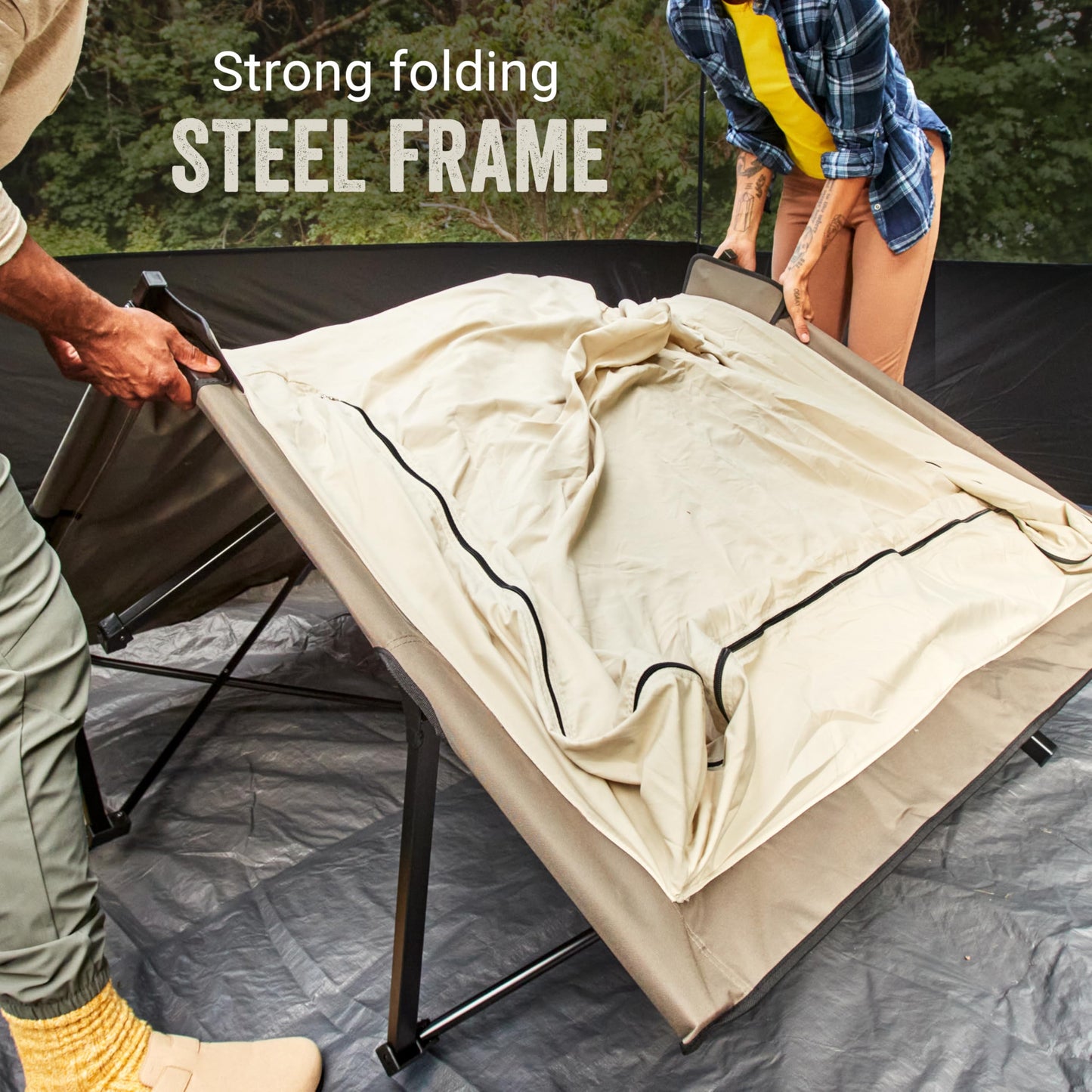 Coleman Queen-Size Airbed Cot Combination, Folding Air Mattress with Steel Frame & Side Table, Battery Pump Included, Great for Camping, Lounging, Elevated Sleeping, Guests, & More