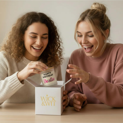 Wick and Wit Bestie Birthday Gifts for Women - Happy Birthday Bestie Gifts for Women Friend Friendship Soy Candle Gift Set for BFF Sister Coworker Vanilla Lavender Candle Ready to Gift Box