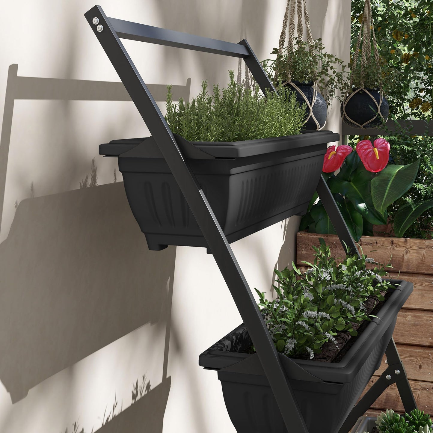 ZEnvya 4-Tier Vertical Raised Garden Bed with Stand - Self-Draining Outdoor Planter Set for Vegetables/Herbs, Black Plastic