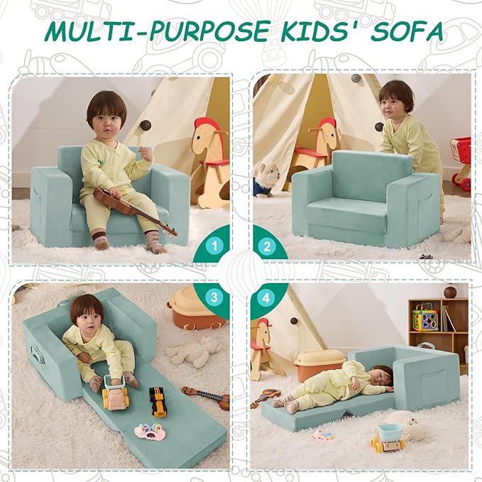 Kids Couch, 2-in-1 Toddler Chair Comfy 1-3 Years, Convertible Kids Chair