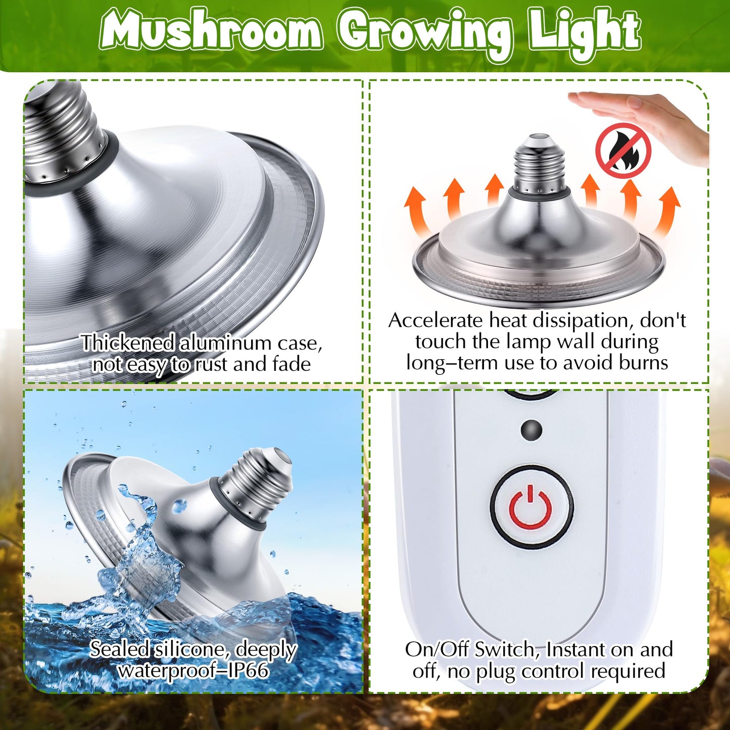 Meonum Mushroom Grow Light with 3/6/9 Hour Timer, 360° LED Hanging Grow Lights Bulb for Mushroom with 6.5ft Extension Cord, 6000K Blue&5000K White Lamp for Indoor Plants Growing Kit Supplies(2 Pack)