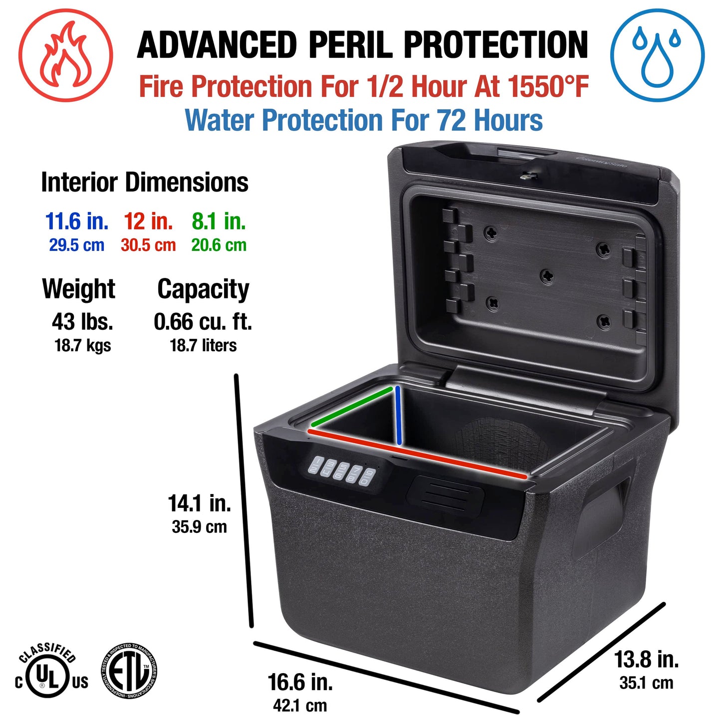 SentrySafe Charcoal Gray Waterproof and Fireproof Safe, Lock Box with Keypad for Documents and Hanging File Folders, Exterior: 14.1 x 16.6 x 13.8 Inches, ‎FHW40300