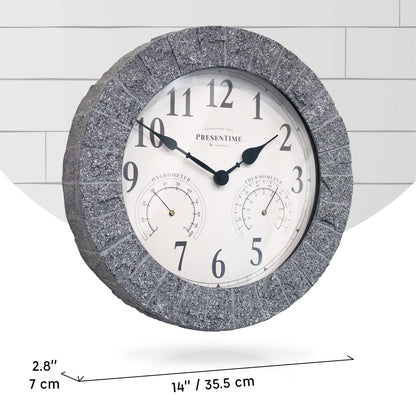 Presentime & Co Sandstone Outdoor Clock with Thermometer & Hygrometer as All in one Weather Station, 14", Gray Sandstone Finish. Weather Thermometer, Outdoor Décor, Wall Décor.