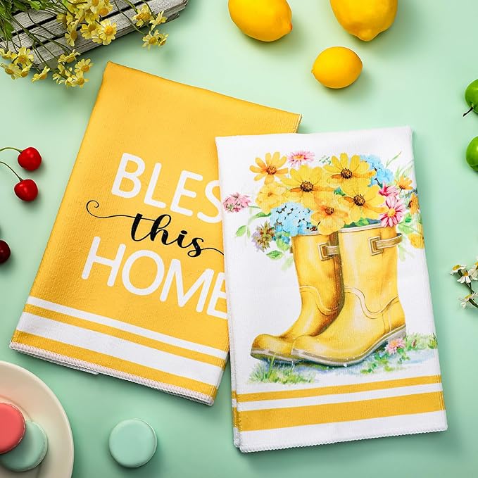 Boyiee Set of 6 Yellow Flower Kitchen Towels Decorative Floral Tea Towels