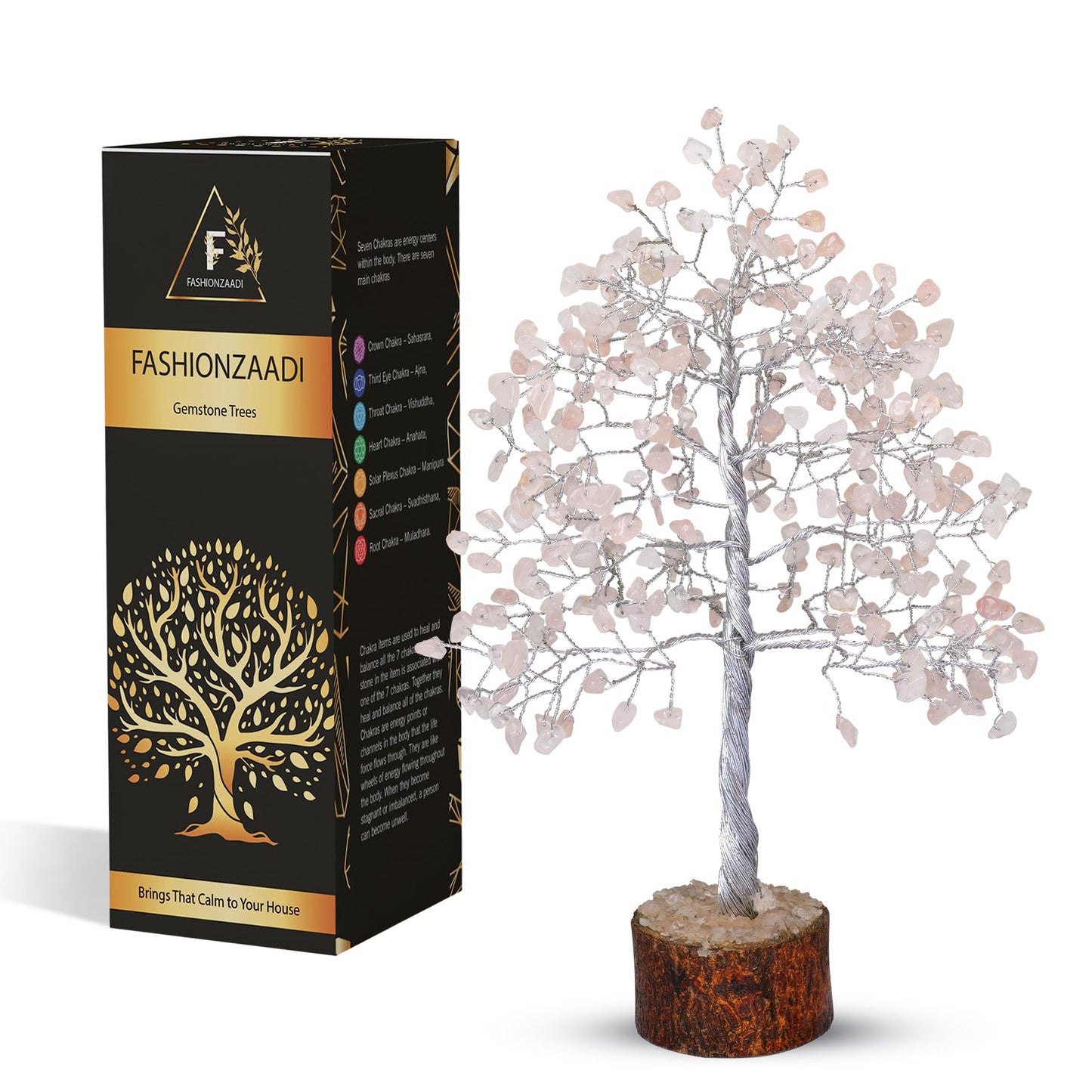 FASHIONZAADI Rose Quartz Crystal Tree, Silver Wire Feng Shui Gemstone Decor, Chakra Healing Stones Crystal Decor, Artificial Bonsai Money Tree, Good Luck Spiritual Gifts for Women & Men